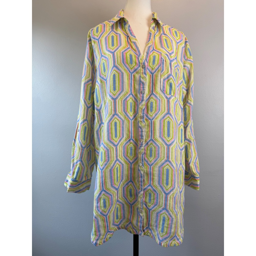 Sigrid Olsen 100% Linen Button Front Tunic Shirt Geometric Print Roll Tab Large